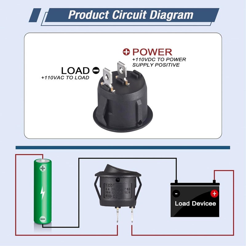 VEXUNGA Round Rocker Switch 12V Black On Off Mini Circle Switch 2 Pin 250V 6A 125V 10A KCD1 Round Toggle Switches for RV Car Truck Boat (Pack of 10pcs) - Image 3